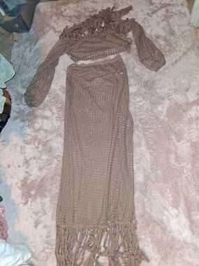 Brown Crochet Maxi Skirt With Top